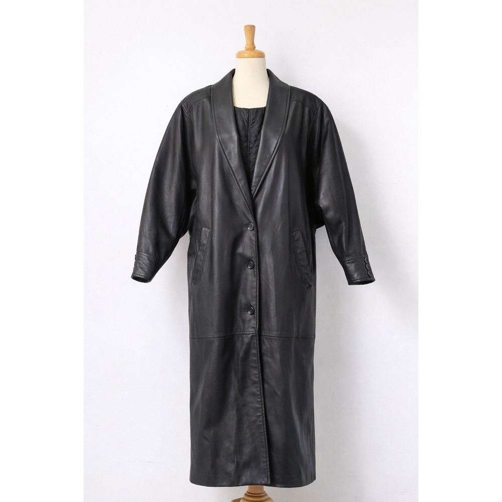 Vtg Black Leather Long Coat XS Dolman Sleeve Quilted Lined Trench Style USA READ